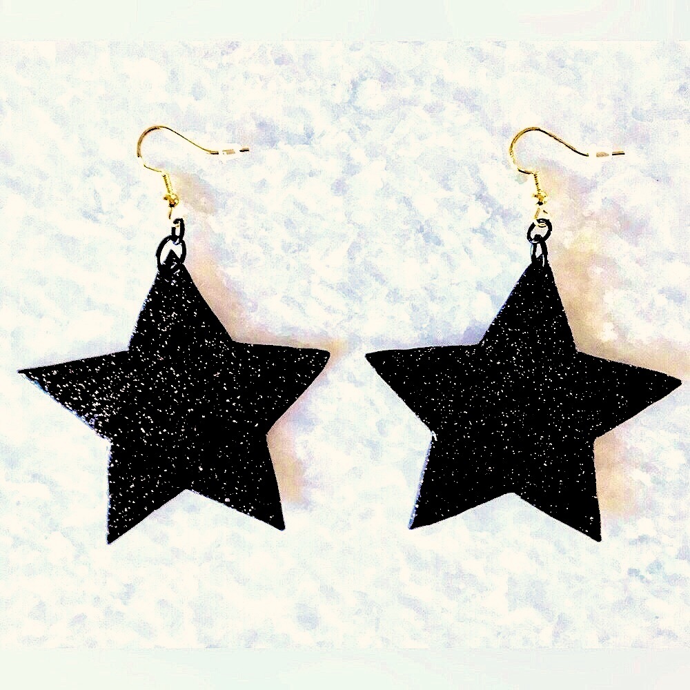 Large Black Stars with gold glitter accents handcrafted statement earrings β¨βοΈπ€ - Picture 1 of 13